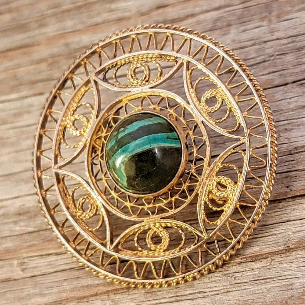 Vintage Gold Over Coin Silver Filgree Pin Brooch with Stone